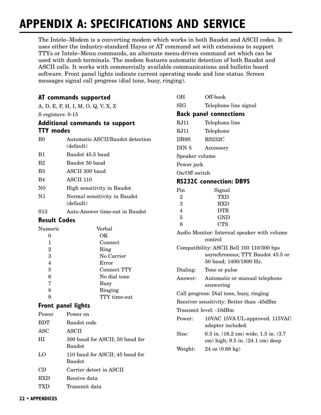 Ultratec INTELE-MODEM manual Appendix a Specifications and Service 