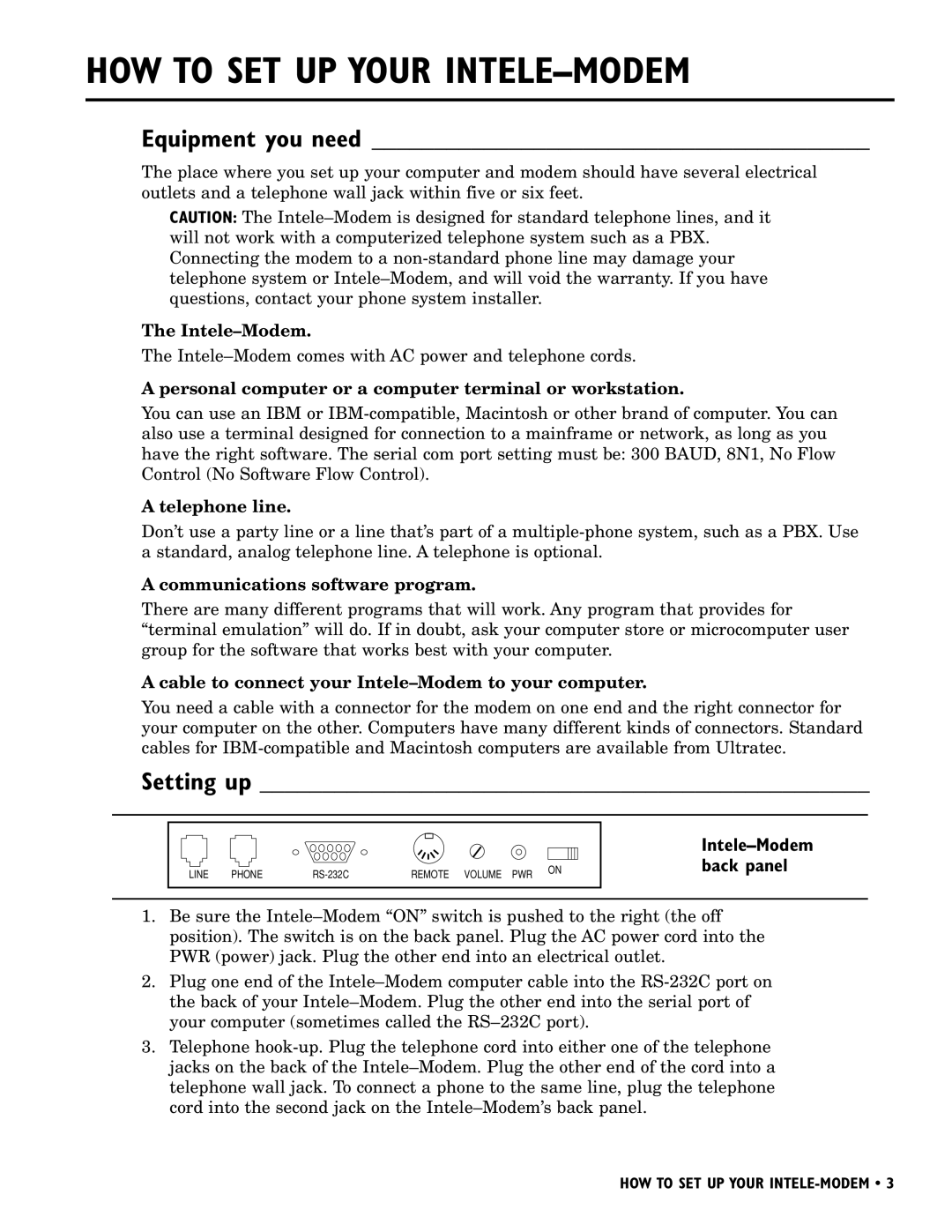 Ultratec manual HOW to SET UP Your INTELE-MODEM, Equipment you need, Setting up 