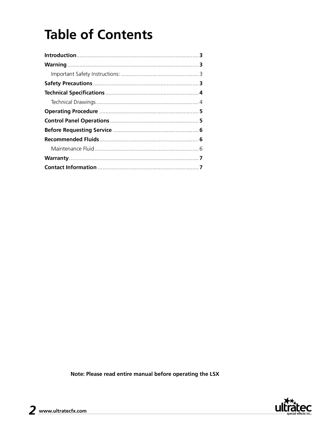 Ultratec LSX Low smoke converter manual Table of Contents 