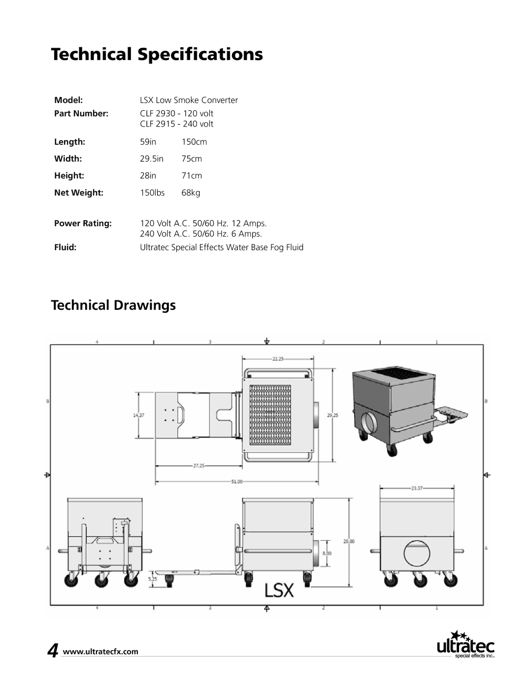 Ultratec LSX Low smoke converter manual Technical Specifications, Technical Drawings 