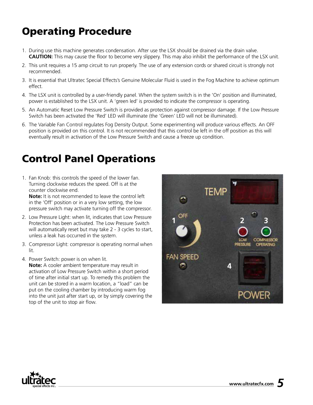 Ultratec LSX Low smoke converter manual Operating Procedure, Control Panel Operations 