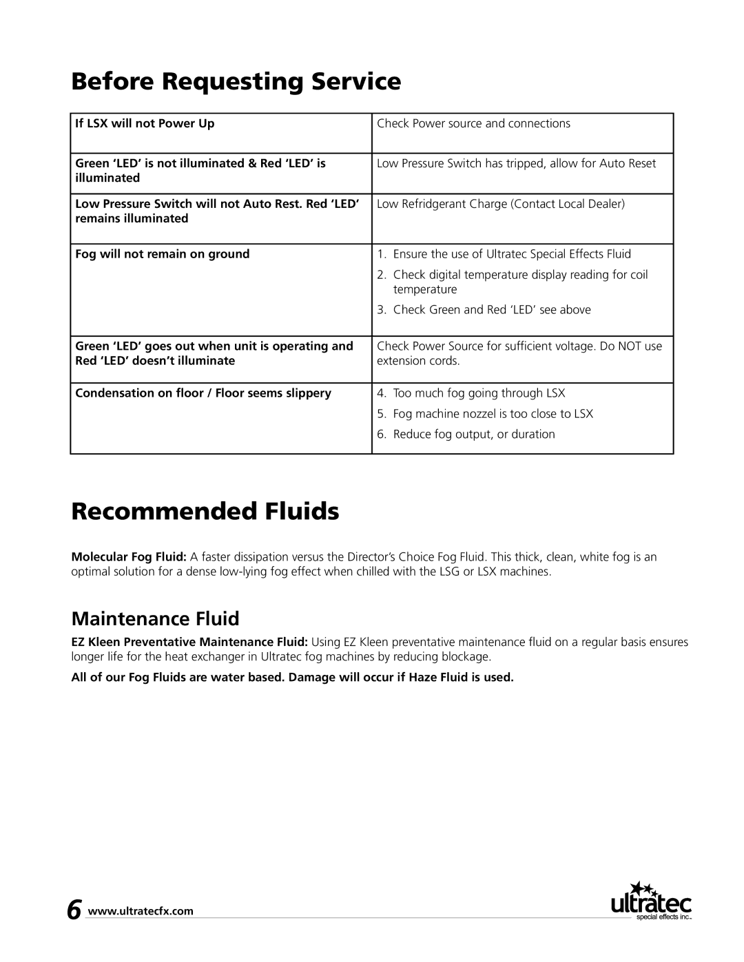 Ultratec LSX Low smoke converter manual Before Requesting Service, Recommended Fluids, Maintenance Fluid 