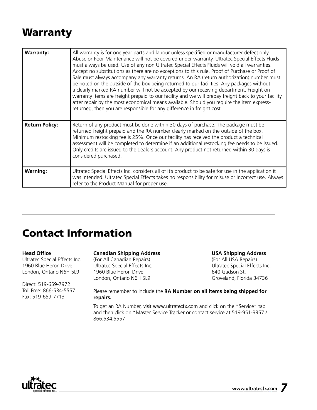 Ultratec LSX Low smoke converter manual Warranty, Contact Information 