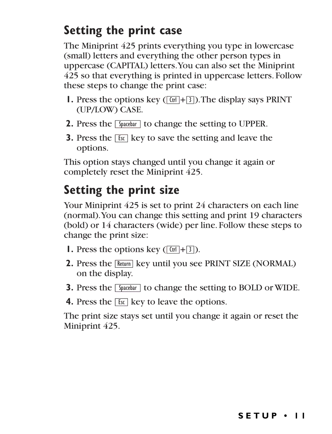 Ultratec Miniprint 425 manual Setting the print case, Setting the print size 