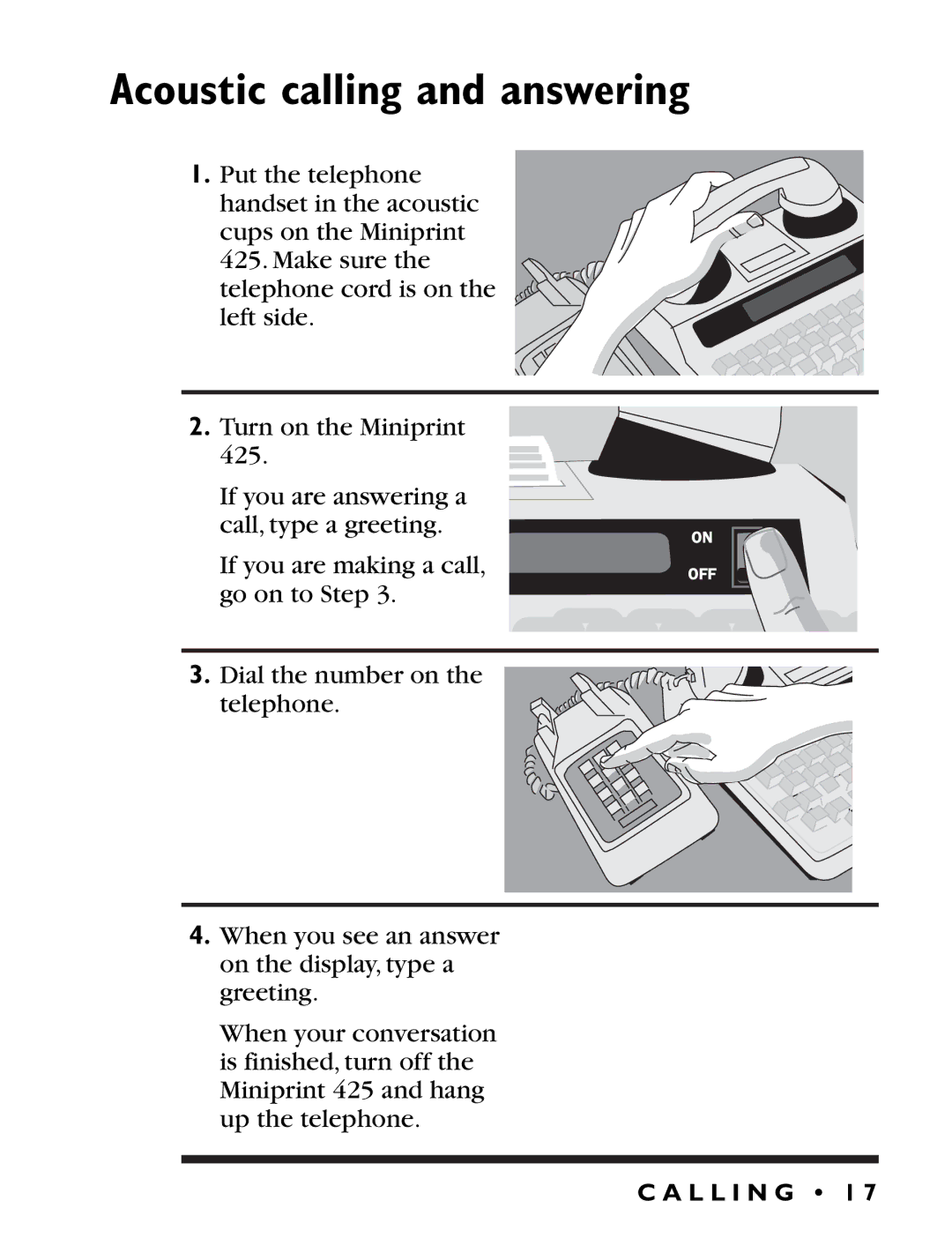 Ultratec Miniprint 425 manual Acoustic calling and answering 