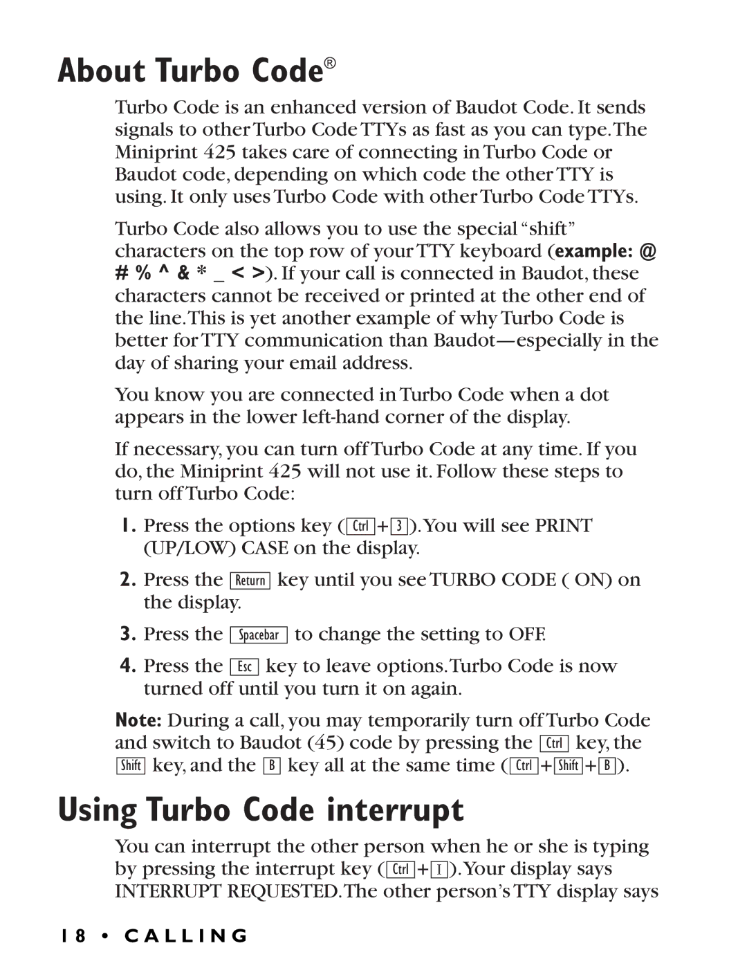 Ultratec Miniprint 425 manual About Turbo Code, Using Turbo Code interrupt 