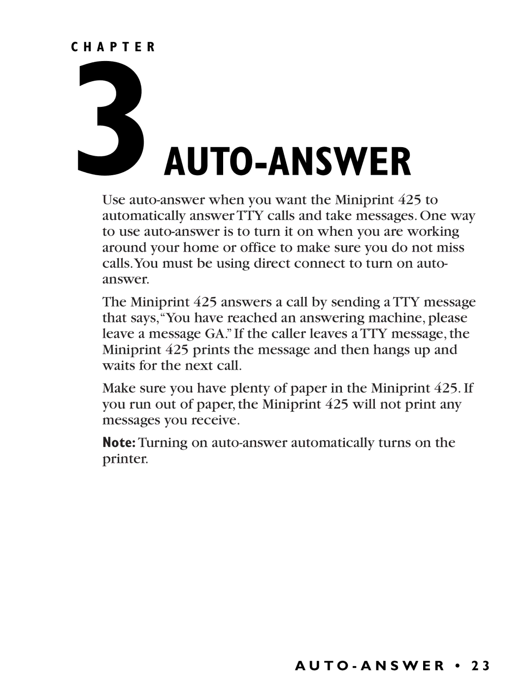 Ultratec Miniprint 425 manual 3AUTO-ANSWER 