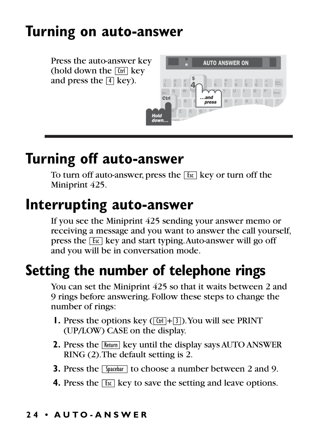 Ultratec Miniprint 425 manual Turning on auto-answer, Interrupting auto-answer, Setting the number of telephone rings 