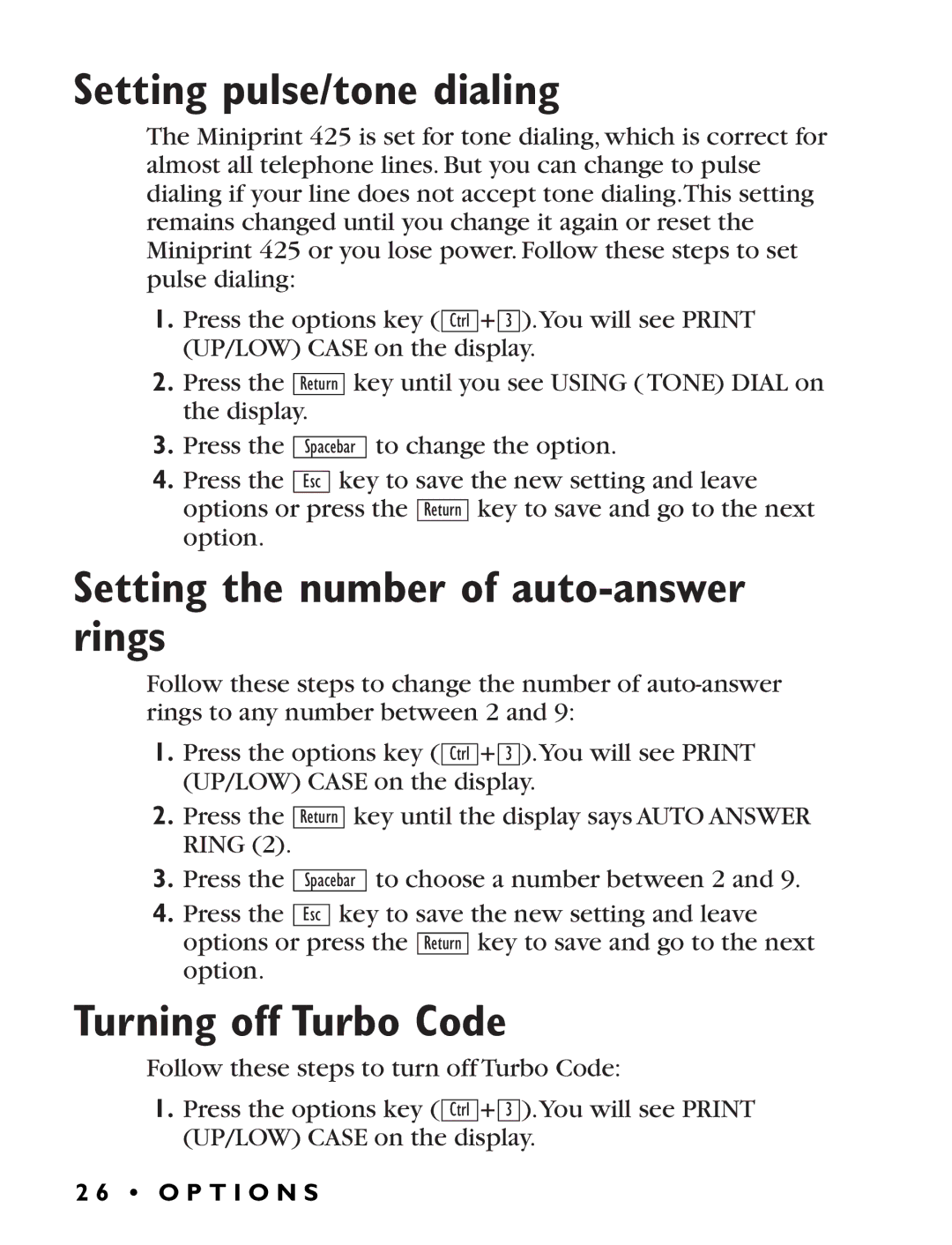 Ultratec Miniprint 425 manual Setting pulse/tone dialing, Setting the number of auto-answer rings, Turning off Turbo Code 