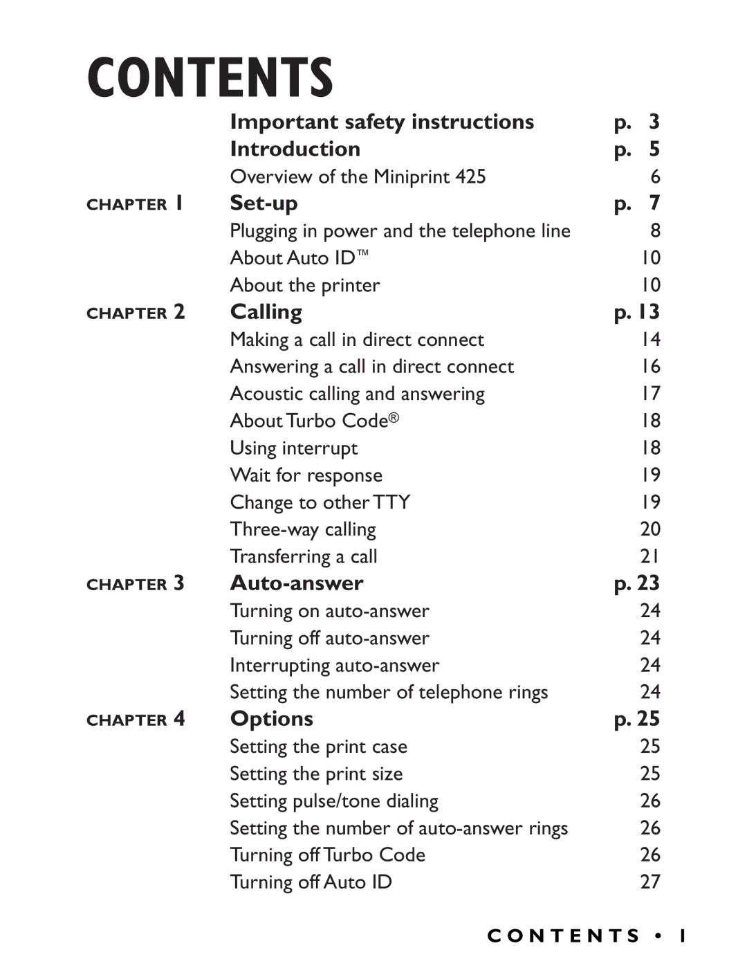 Ultratec Miniprint 425 manual Contents 