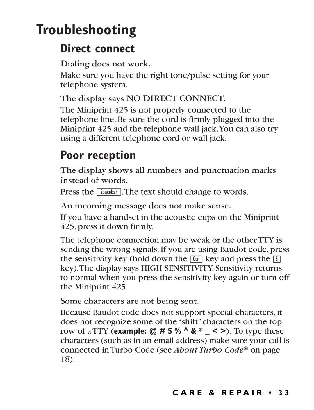 Ultratec Miniprint 425 manual Troubleshooting, Direct connect, Poor reception 