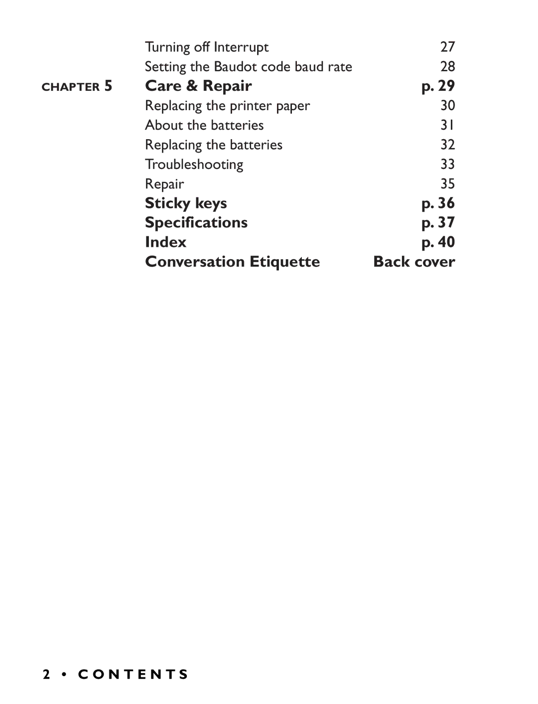 Ultratec Miniprint 425 manual Sticky keys Specifications Index Conversation Etiquette 