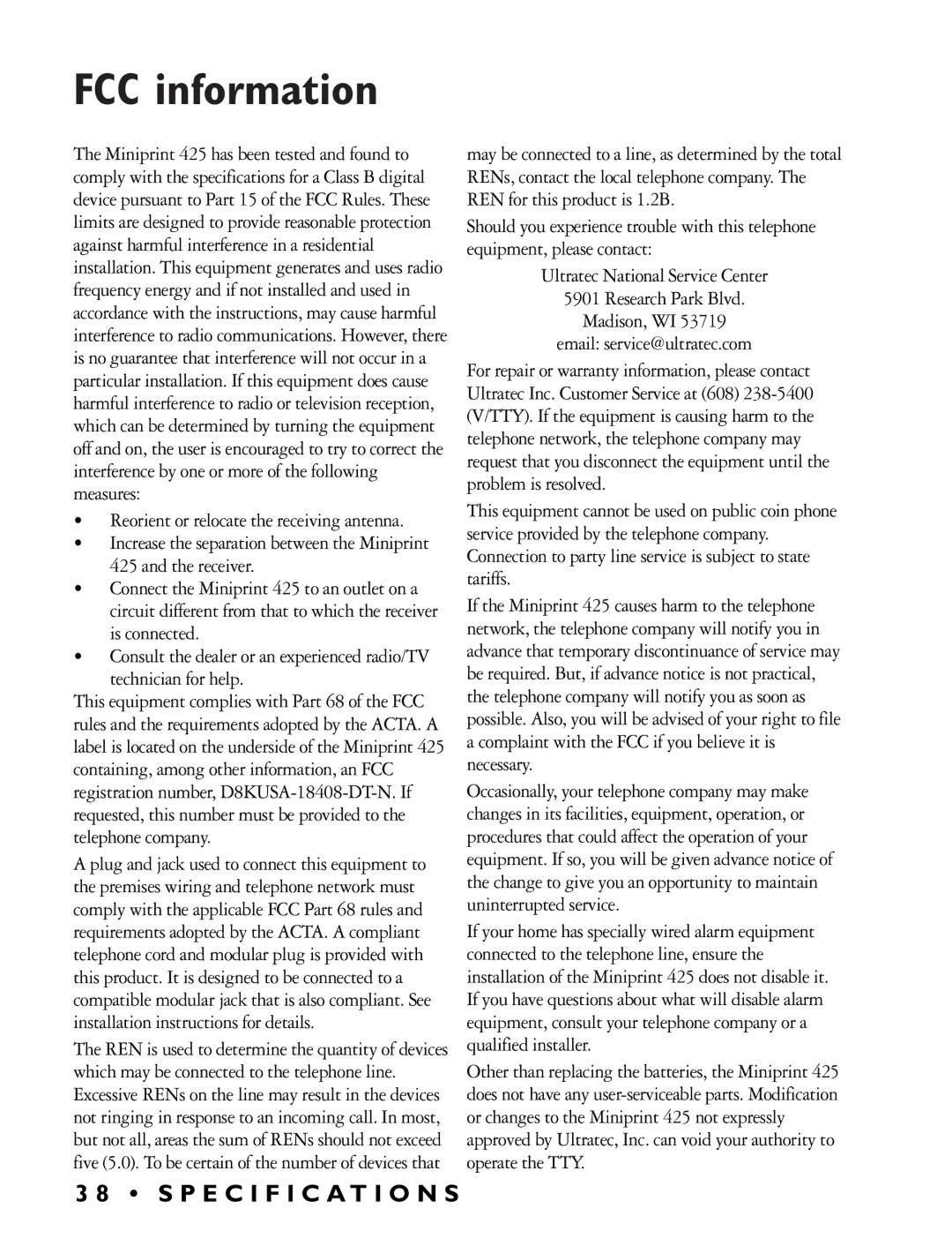 Ultratec Miniprint 425 manual FCC information, Technician for help 