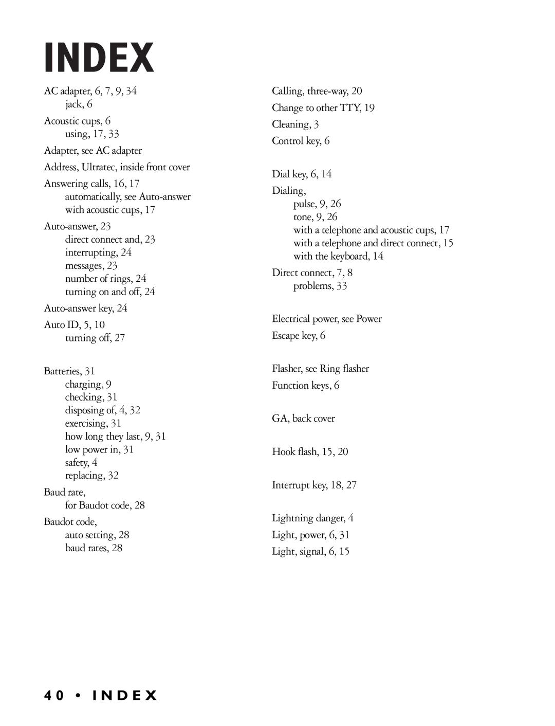 Ultratec Miniprint 425 manual Index, Auto-answer 