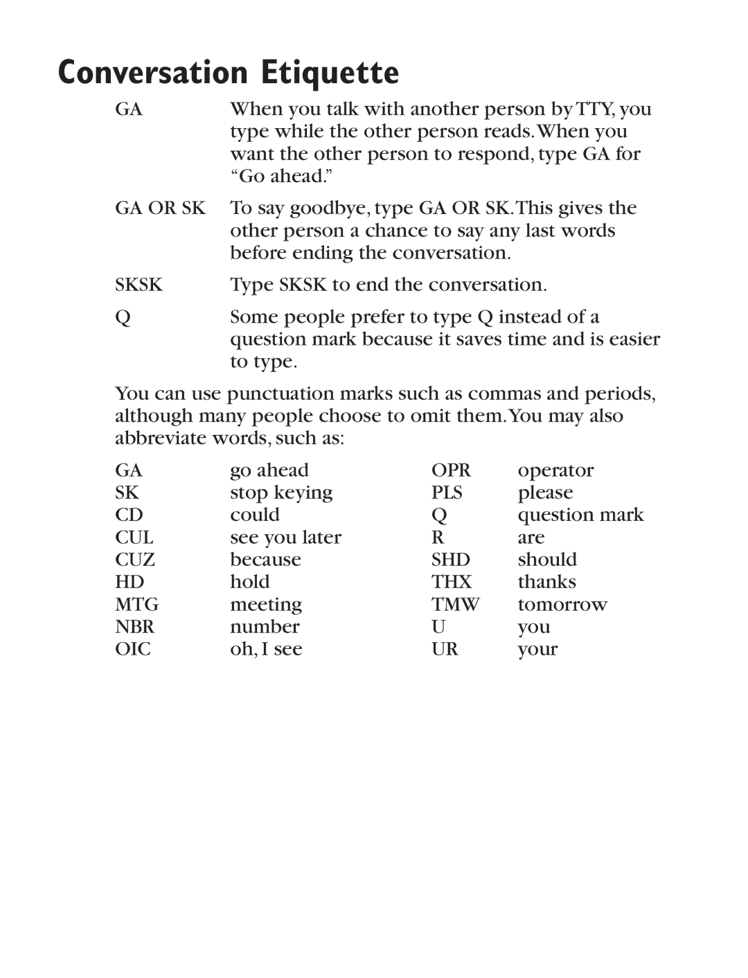 Ultratec Miniprint 425 manual Conversation Etiquette, GA or SK 