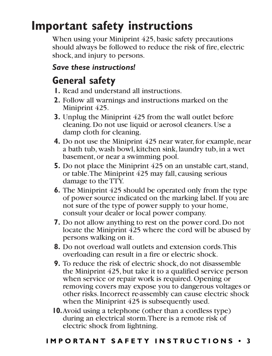 Ultratec Miniprint 425 manual Important safety instructions, General safety 