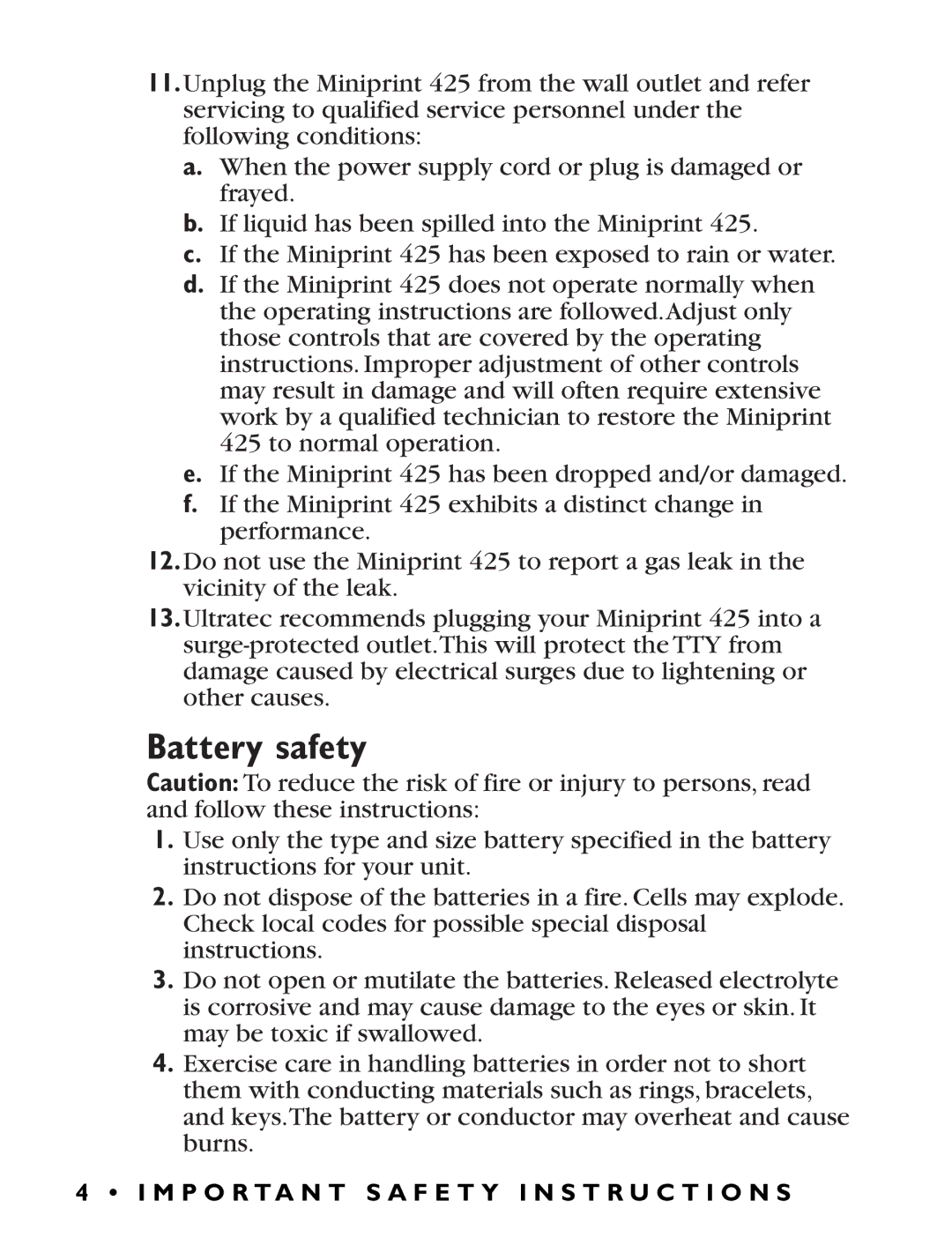 Ultratec Miniprint 425 manual Battery safety 