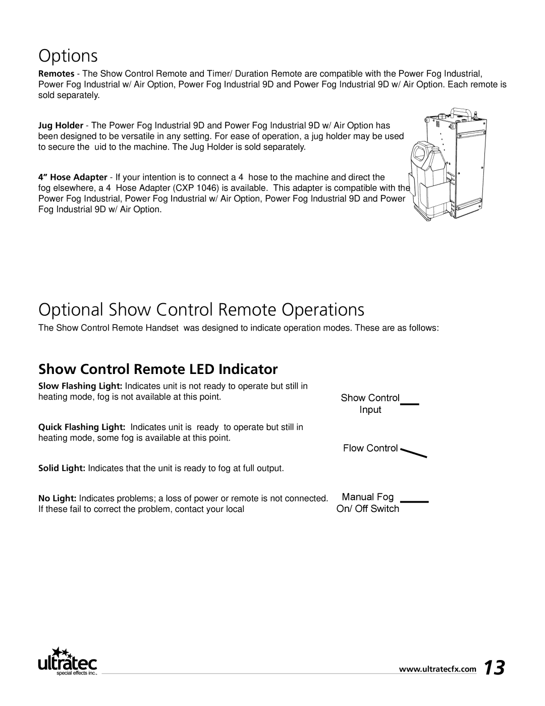 Ultratec PFI-9D manual Options, Optional Show Control Remote Operations, Show Control Remote LED Indicator 