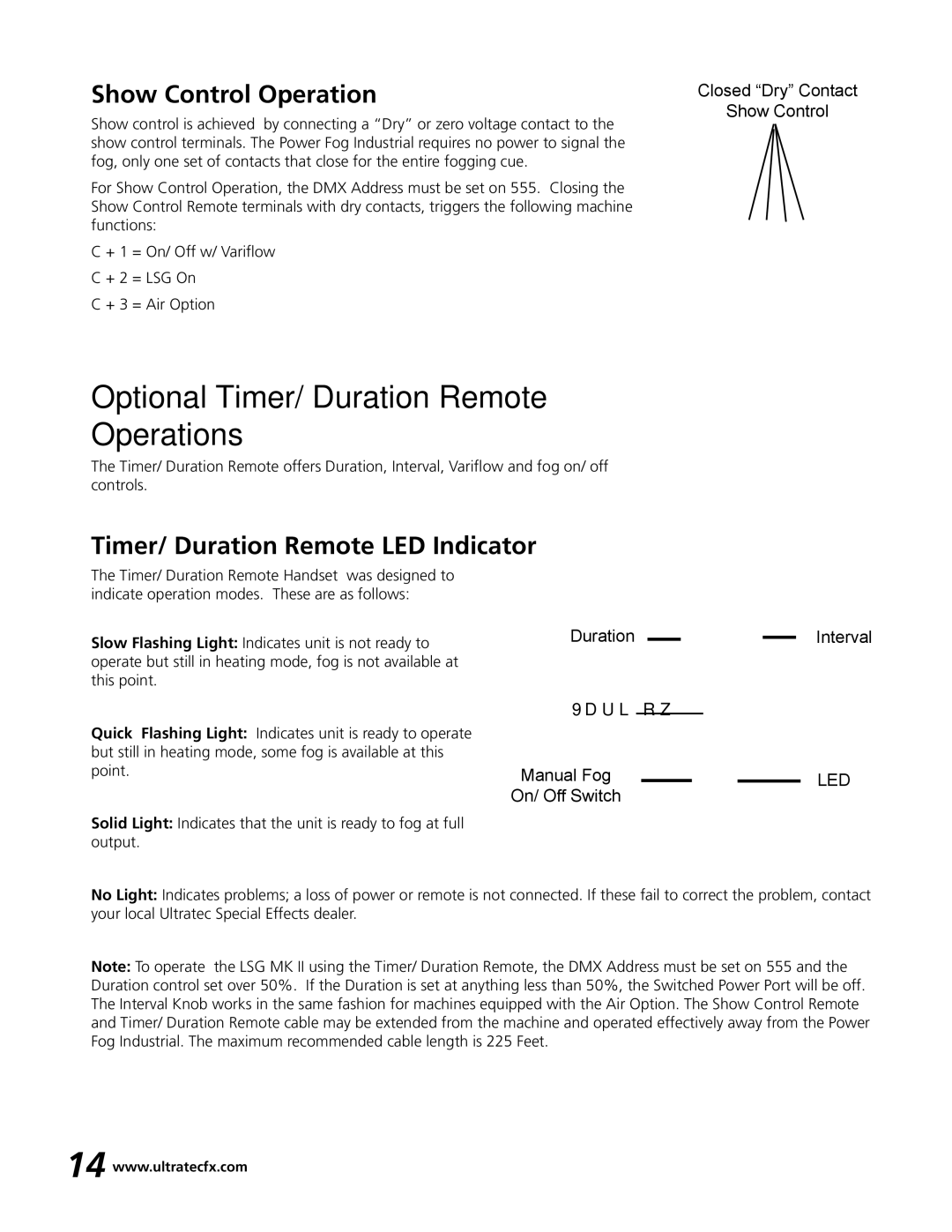 Ultratec PFI-9D Optional Timer/ Duration Remote Operations, Show Control Operation, Timer/ Duration Remote LED Indicator 