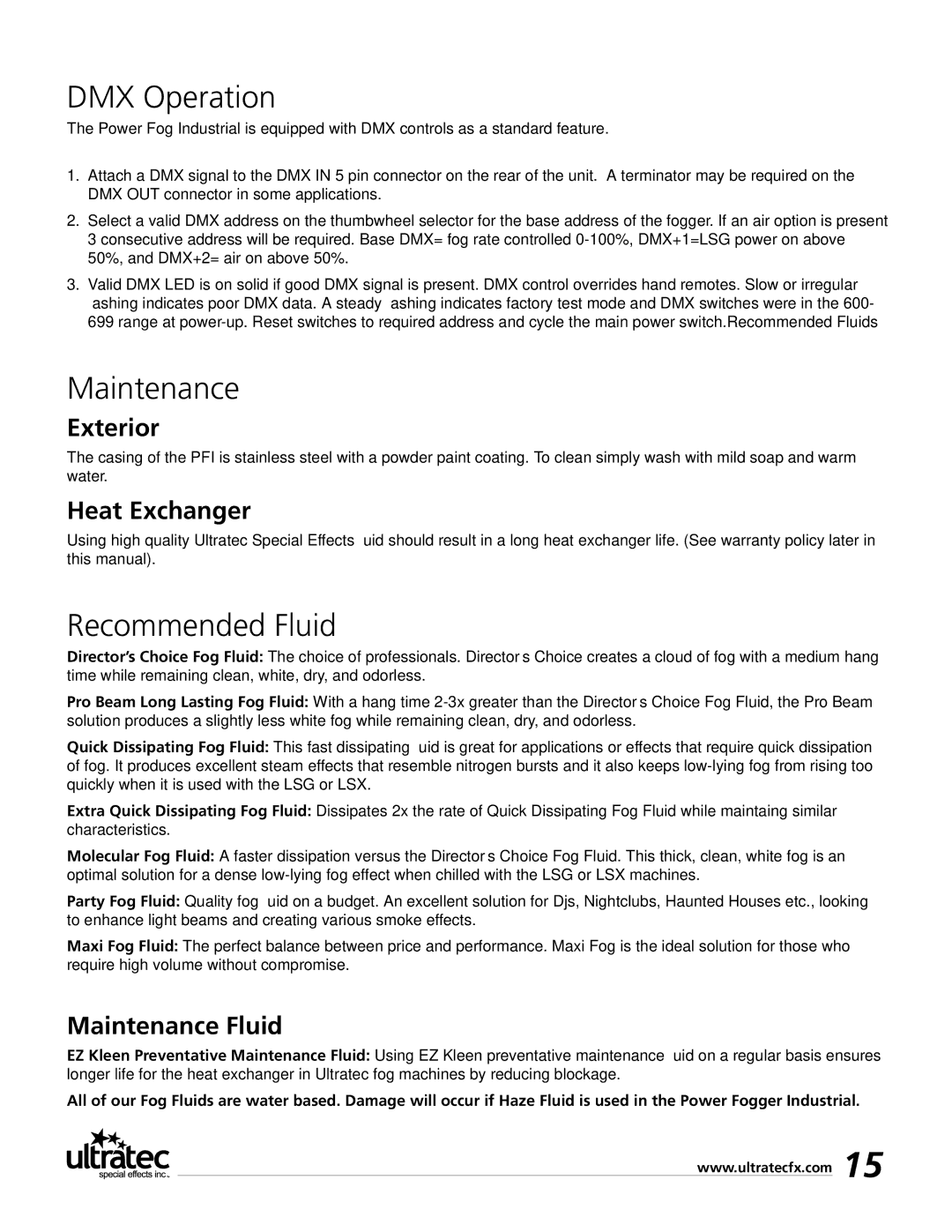 Ultratec PFI-9D manual DMX Operation, Maintenance, Recommended Fluid 