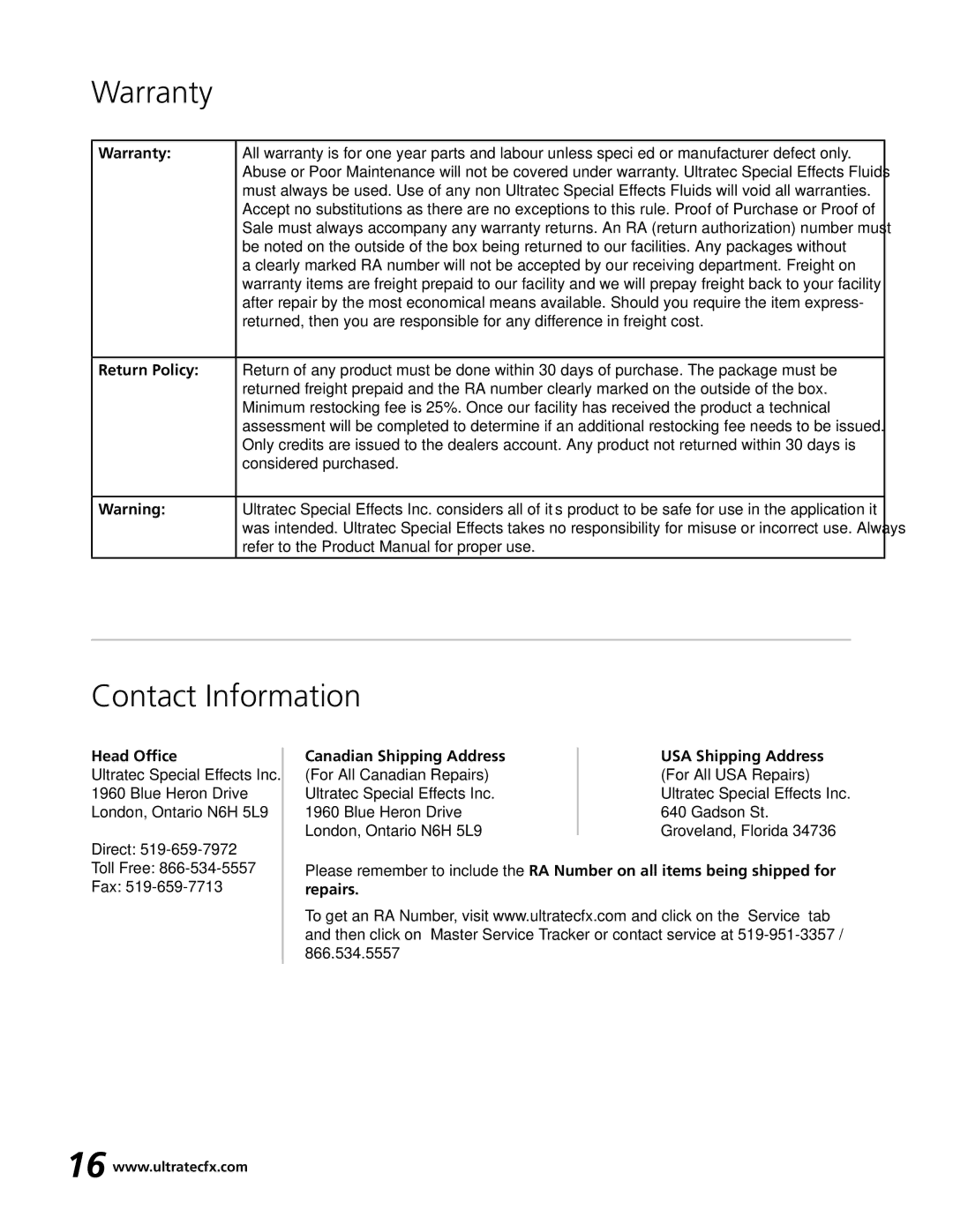 Ultratec PFI-9D manual Warranty, Contact Information 