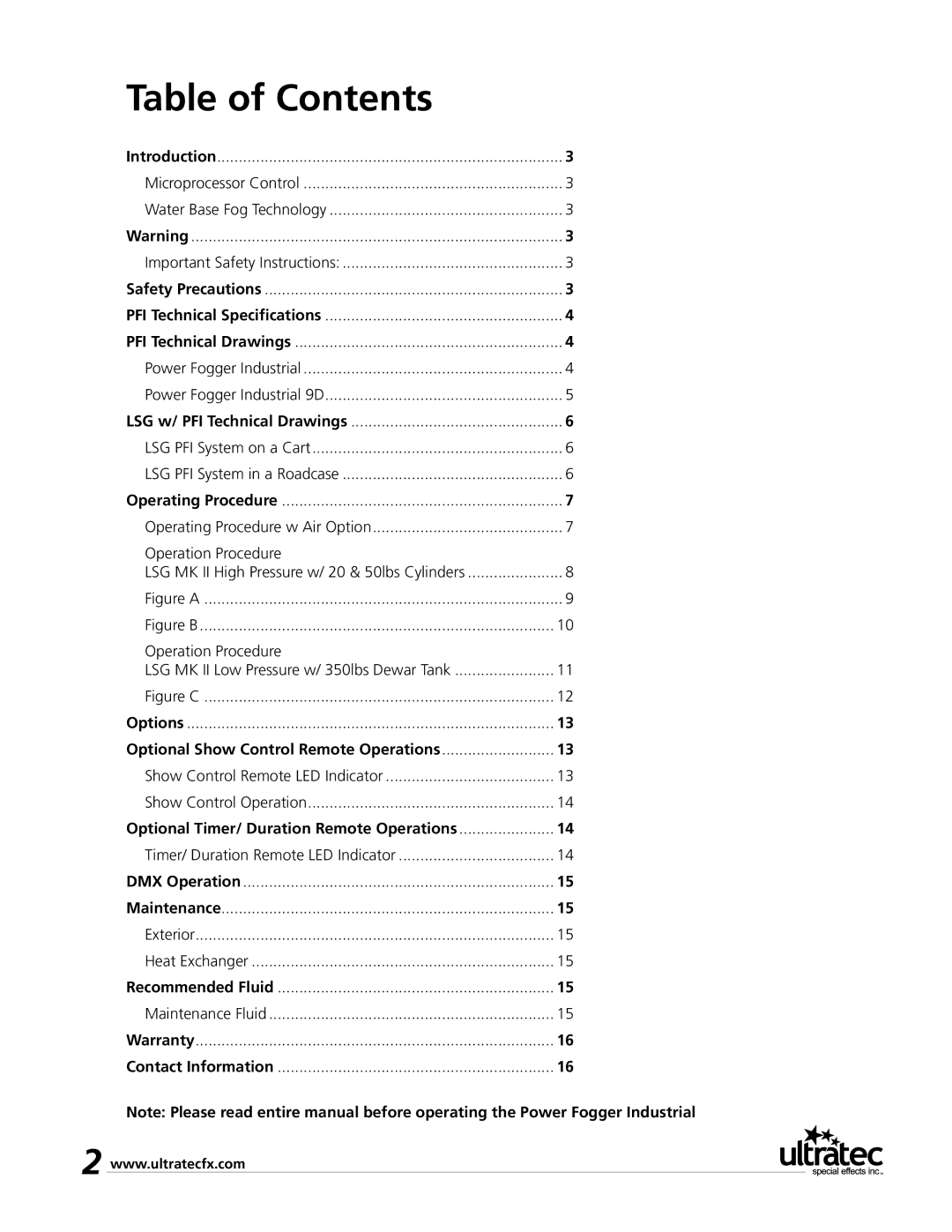 Ultratec PFI-9D manual Table of Contents 