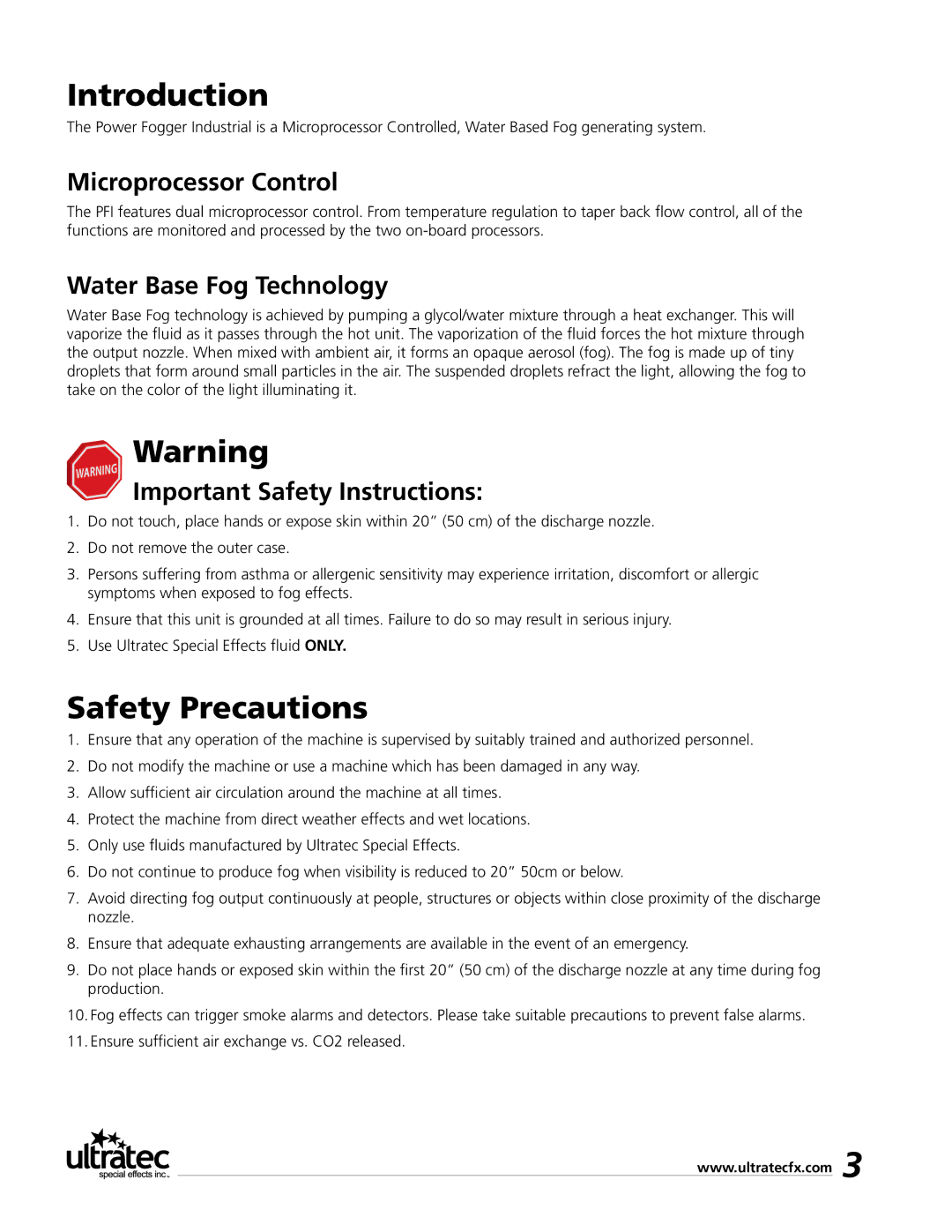 Ultratec PFI-9D manual Introduction, Safety Precautions, Microprocessor Control, Water Base Fog Technology 