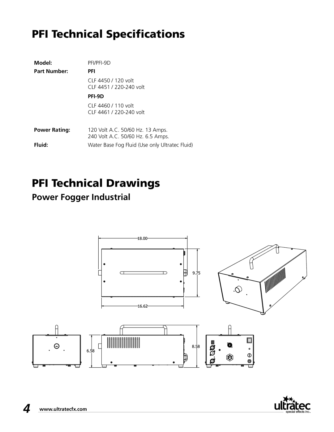 Ultratec PFI-9D manual PFI Technical Specifications, PFI Technical Drawings, Power Fogger Industrial 