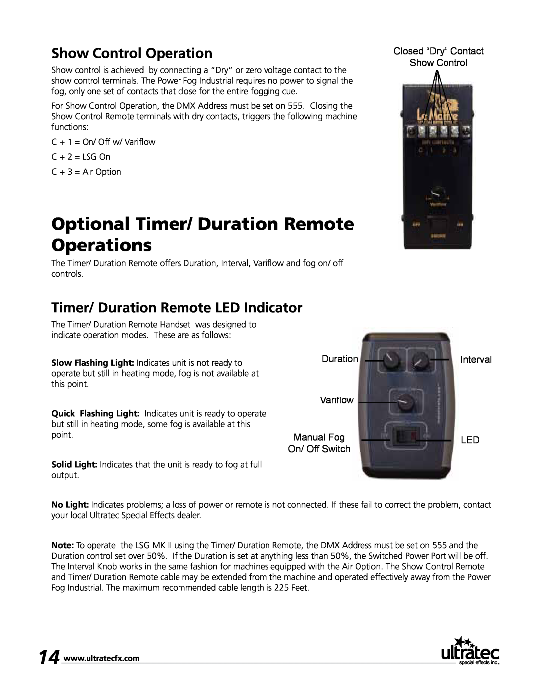 Ultratec PFI-9D Optional Timer/ Duration Remote Operations, Show Control Operation, Timer/ Duration Remote LED Indicator 