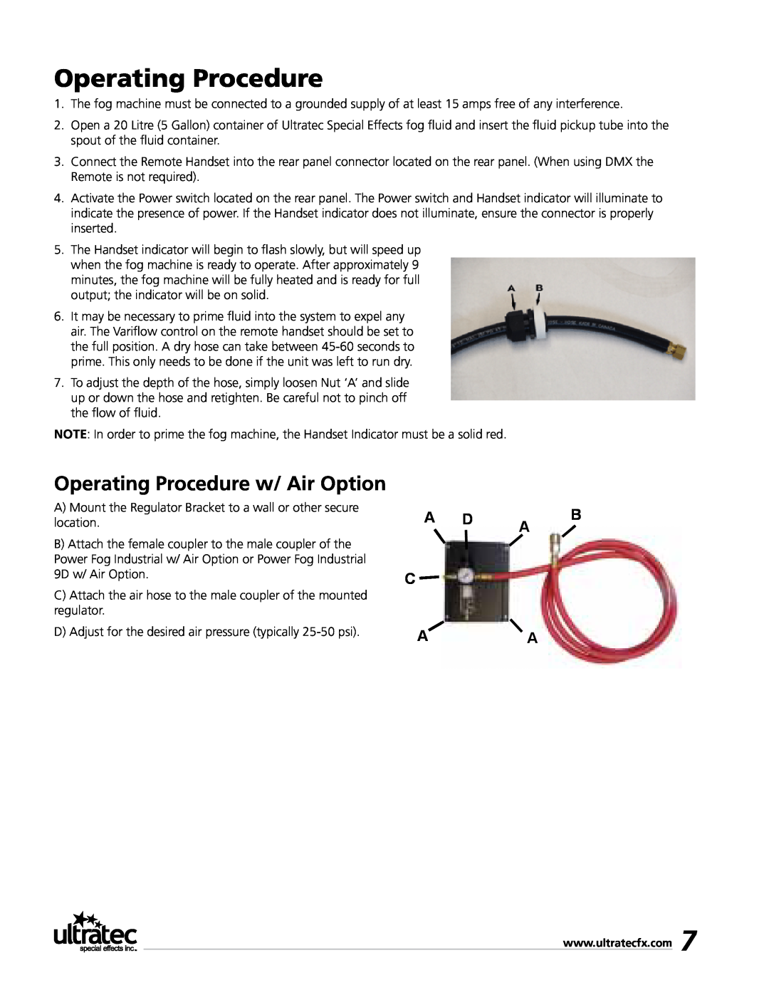 Ultratec PFI-9D manual Operating Procedure w/ Air Option, A D A B C A A 