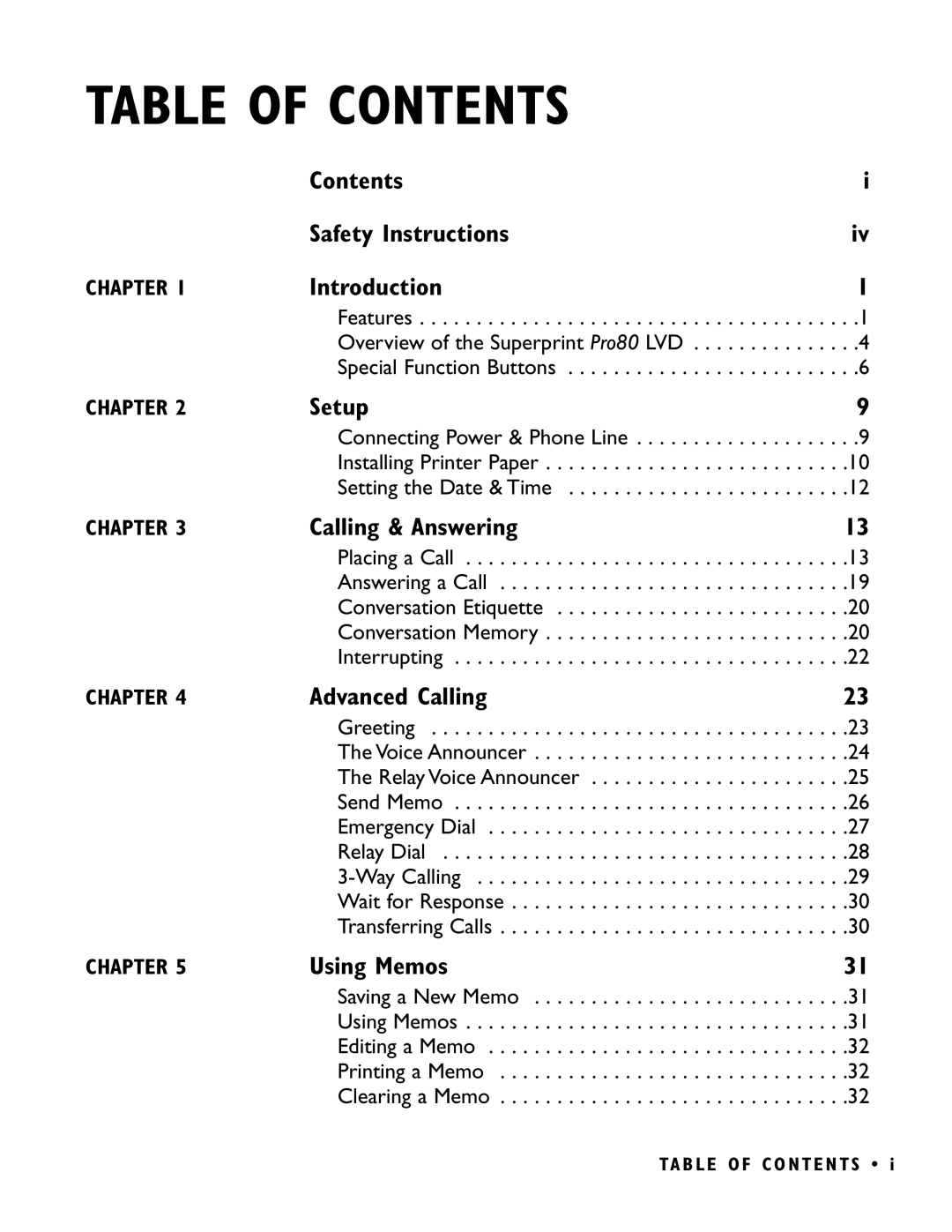 Ultratec PRO80 manual Table of Contents 