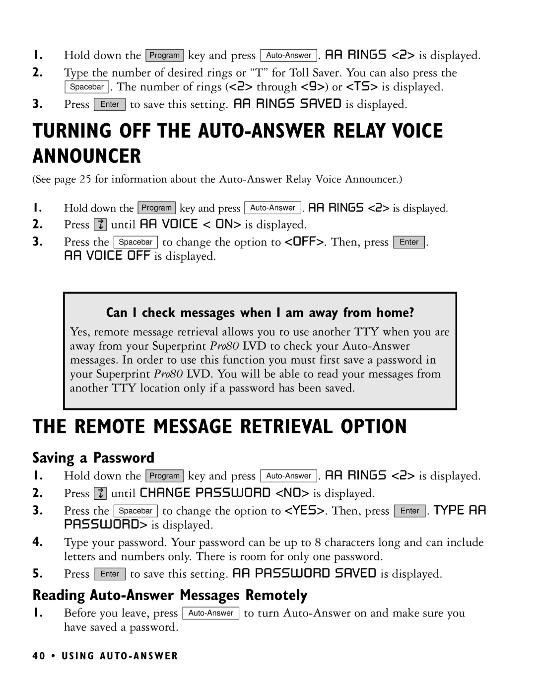 Ultratec PRO80 manual Turning OFF the AUTO-ANSWER Relay Voice Announcer, Remote Message Retrieval Option, Saving a Password 