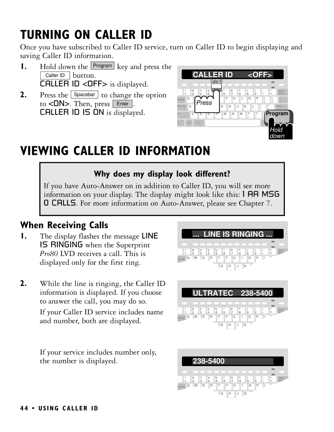 Ultratec PRO80 manual Turning on Caller ID, Viewing Caller ID Information, When Receiving Calls 