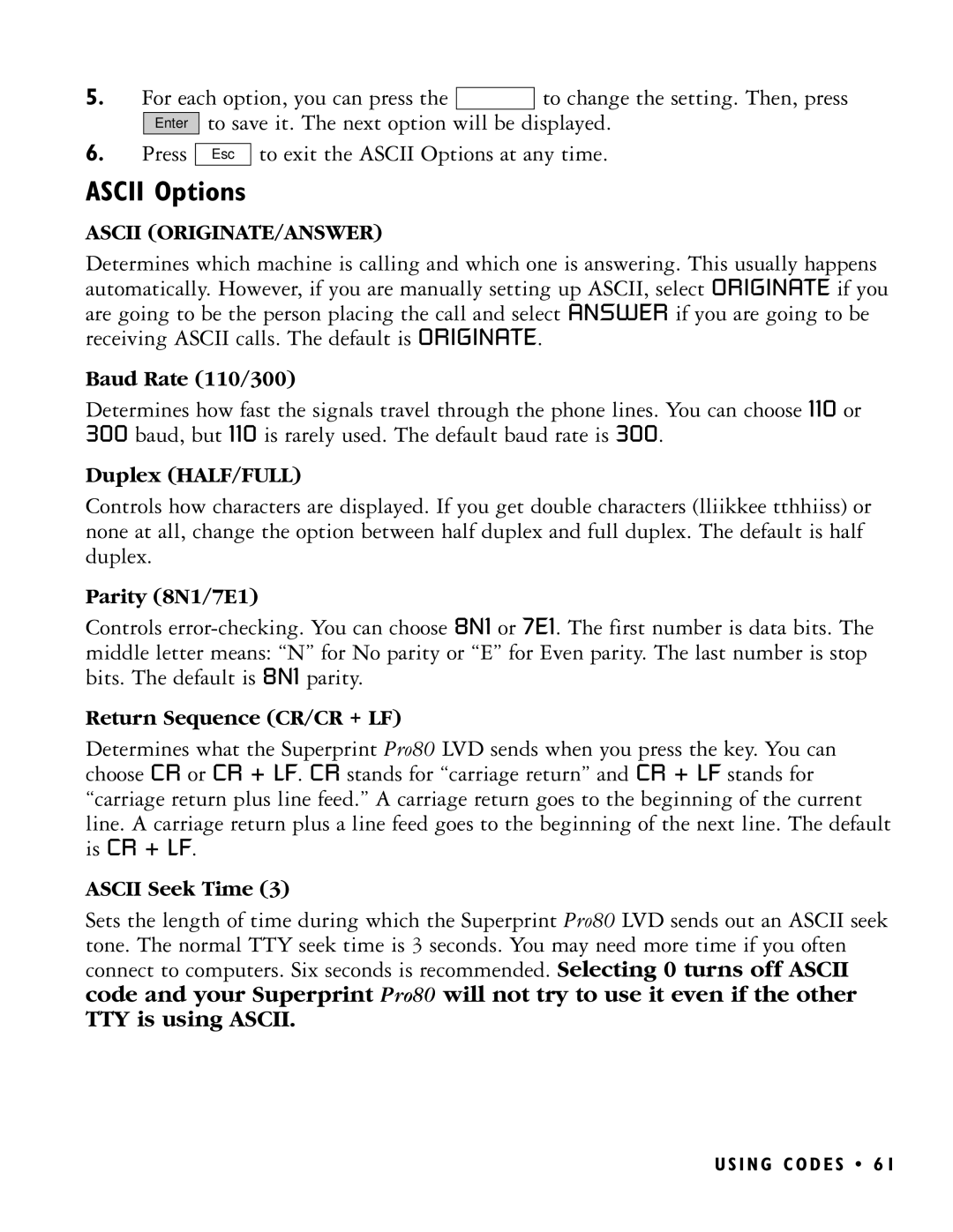 Ultratec PRO80 manual Ascii Options 