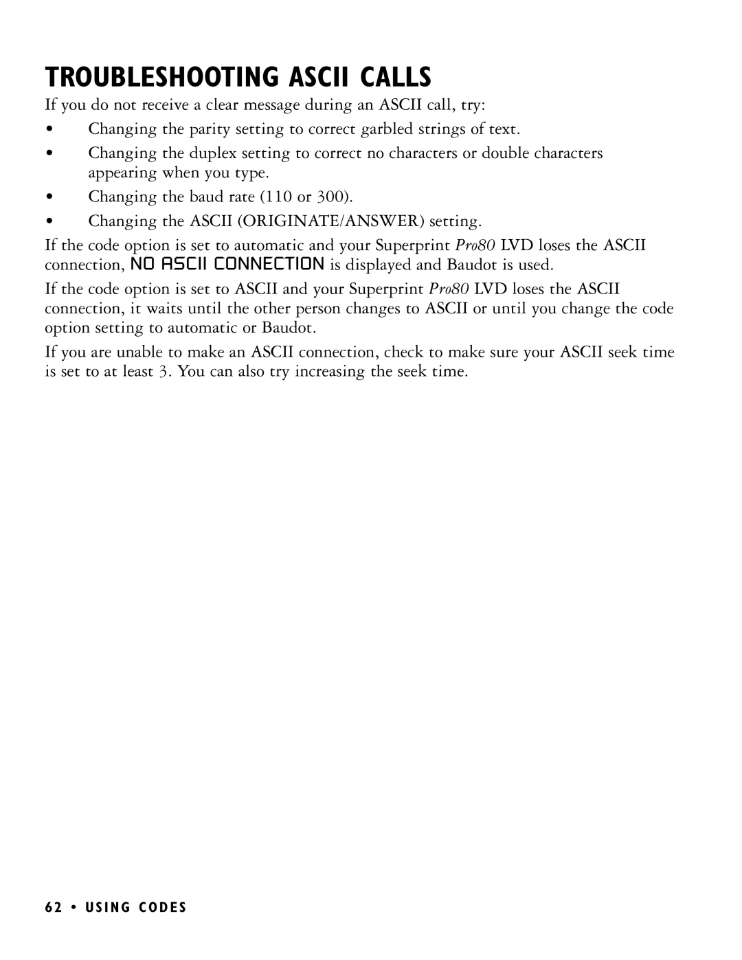 Ultratec PRO80 manual Troubleshooting Ascii Calls 