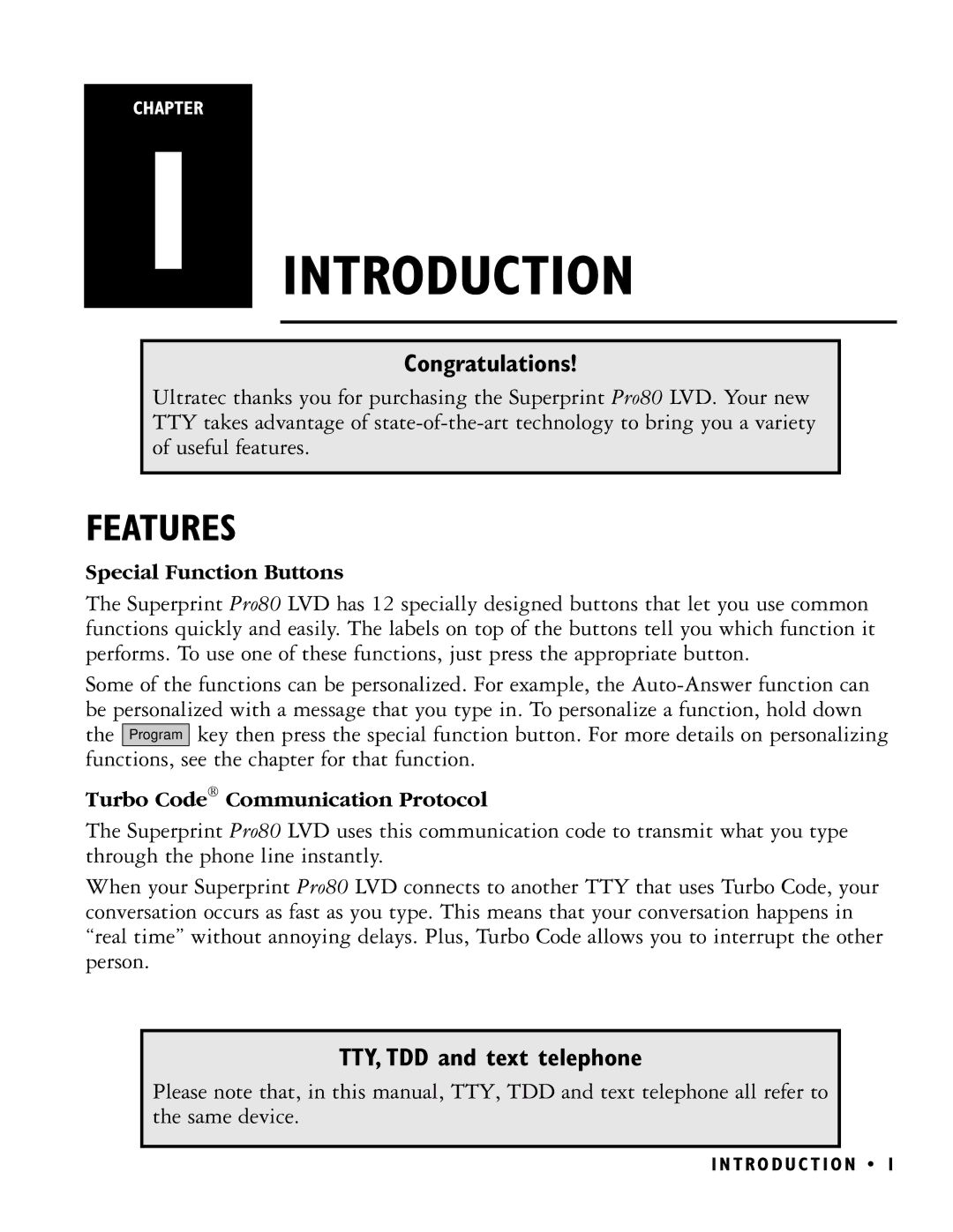 Ultratec PRO80 manual Introduction, Features, Congratulations, TTY, TDD and text telephone 