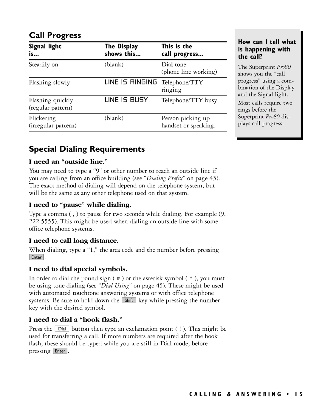 Ultratec PRO80TM manual Call Progress, Special Dialing Requirements 