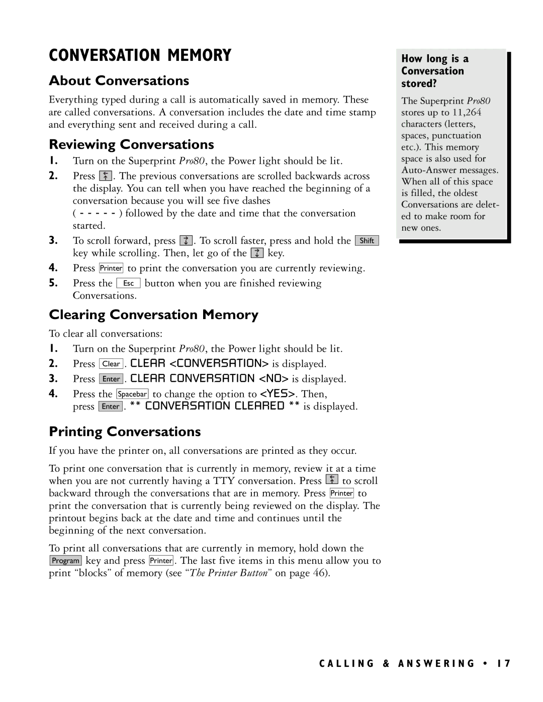 Ultratec PRO80TM About Conversations, Reviewing Conversations, Clearing Conversation Memory, Printing Conversations 