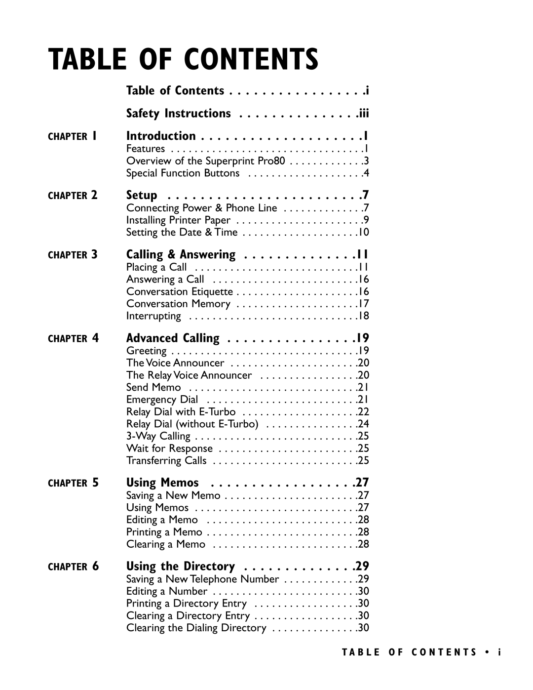 Ultratec PRO80TM manual Table of Contents 