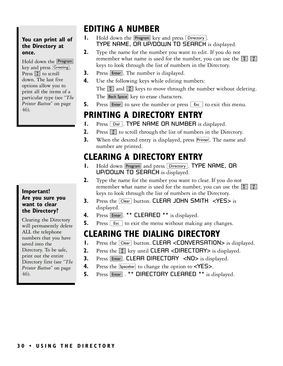 Ultratec PRO80TM Editing a Number, Printing a Directory Entry, Clearing a Directory Entry, Clearing the Dialing Directory 