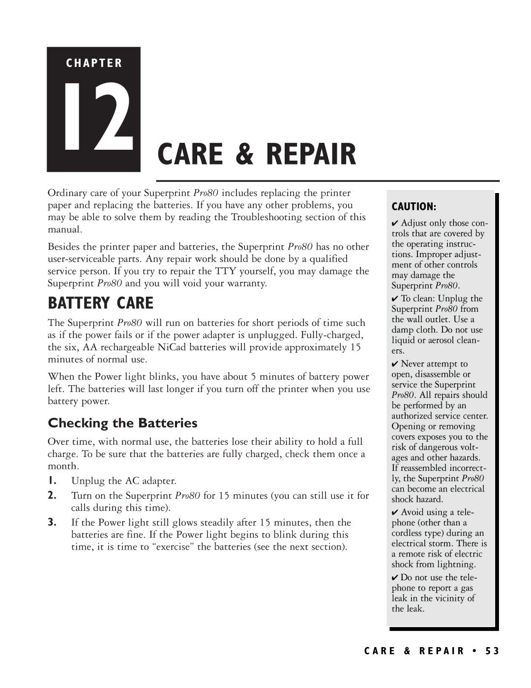 Ultratec PRO80TM manual Care & Repair, Battery Care, Checking the Batteries, R E & R E P a I R 5 