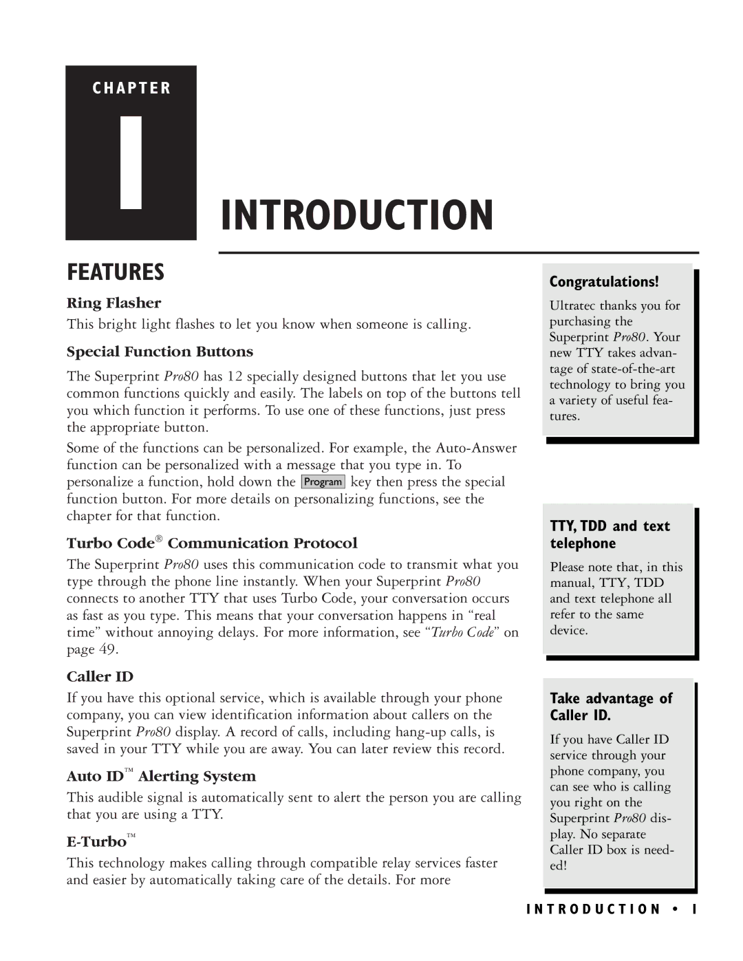 Ultratec PRO80TM manual Introduction, Features 