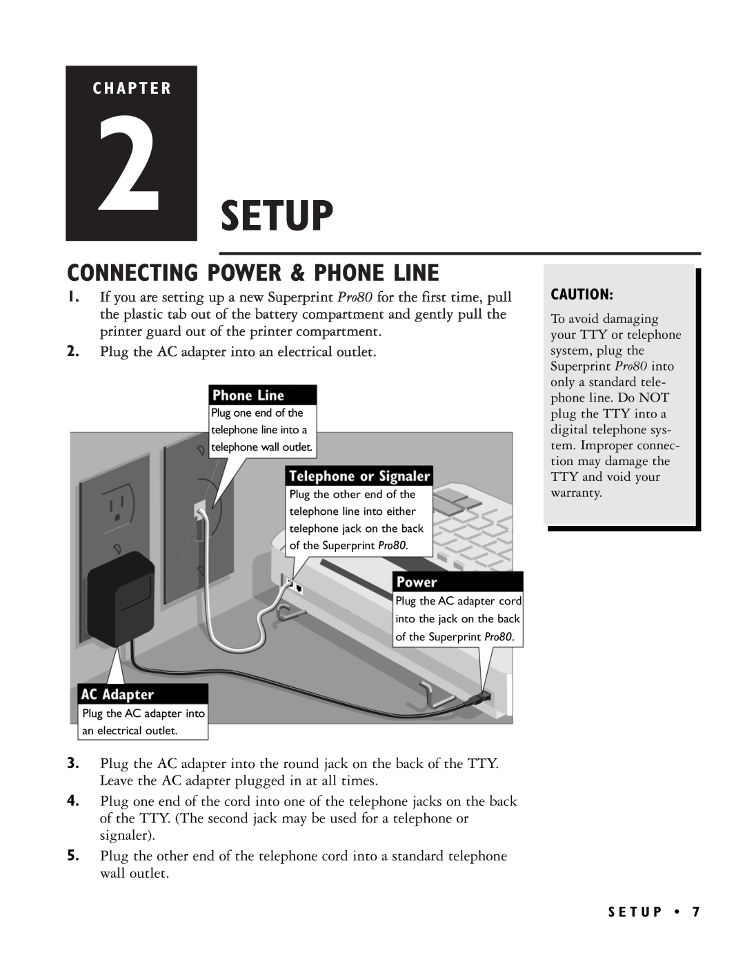 Ultratec PRO80TM manual Setup, Connecting Power & Phone Line, C H A P T E R 
