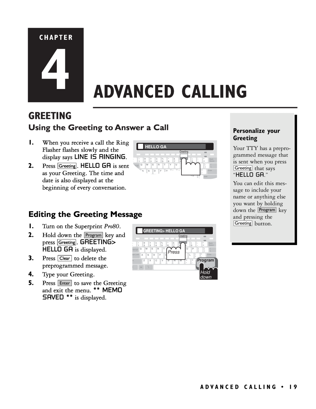 Ultratec PRO80TM Advanced Calling, Using the Greeting to Answer a Call, Editing the Greeting Message, C H A P T E R 