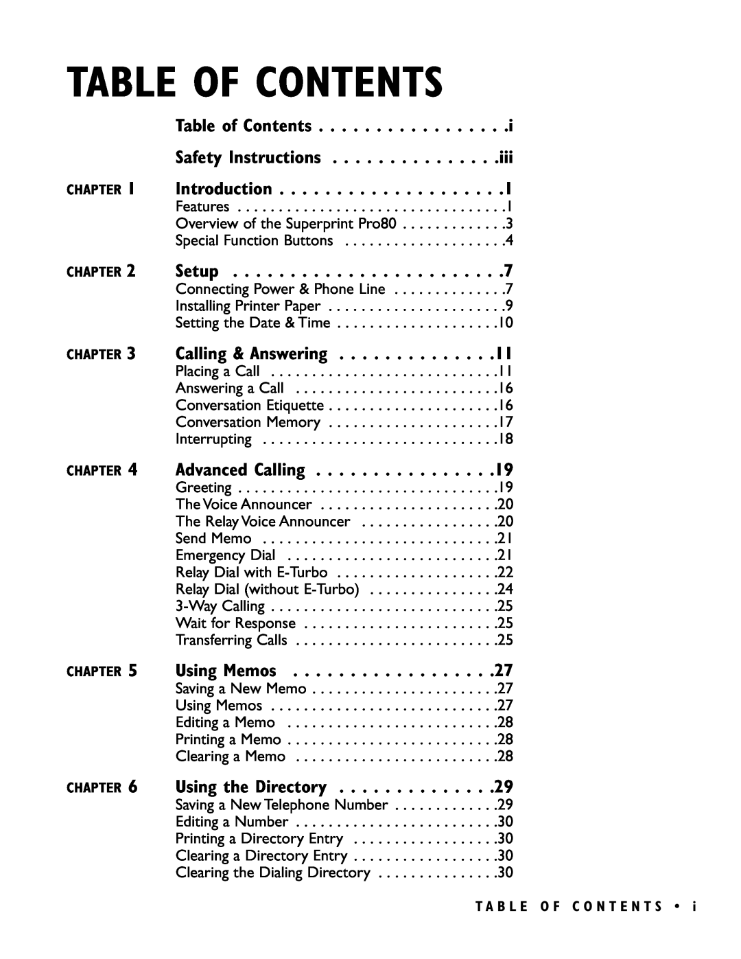 Ultratec PRO80TM Table Of Contents, Introduction, Setup, Using Memos, Table of Contents, Safety Instructions, Chapter 
