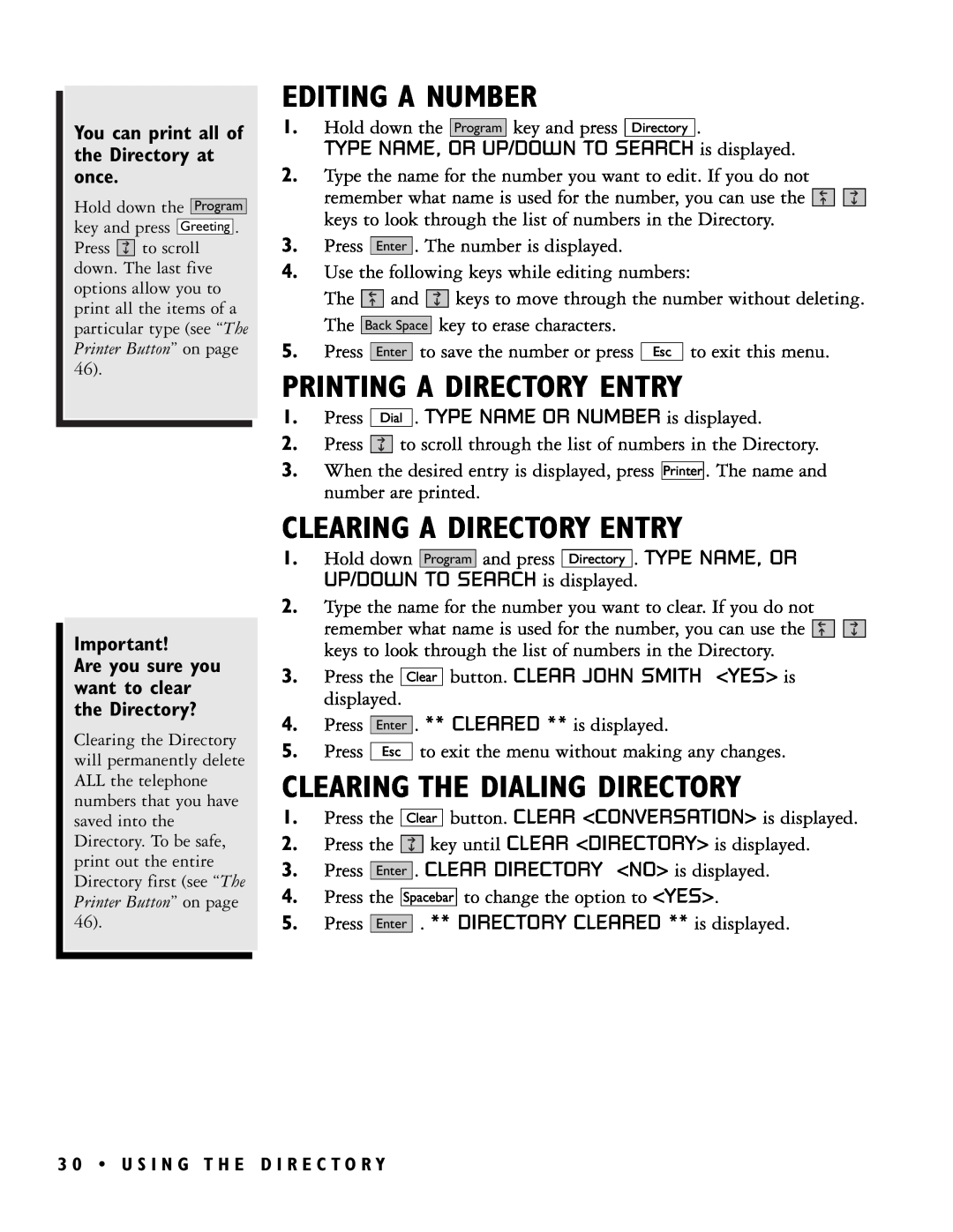 Ultratec PRO80TM Editing A Number, Printing A Directory Entry, Clearing A Directory Entry, Clearing The Dialing Directory 