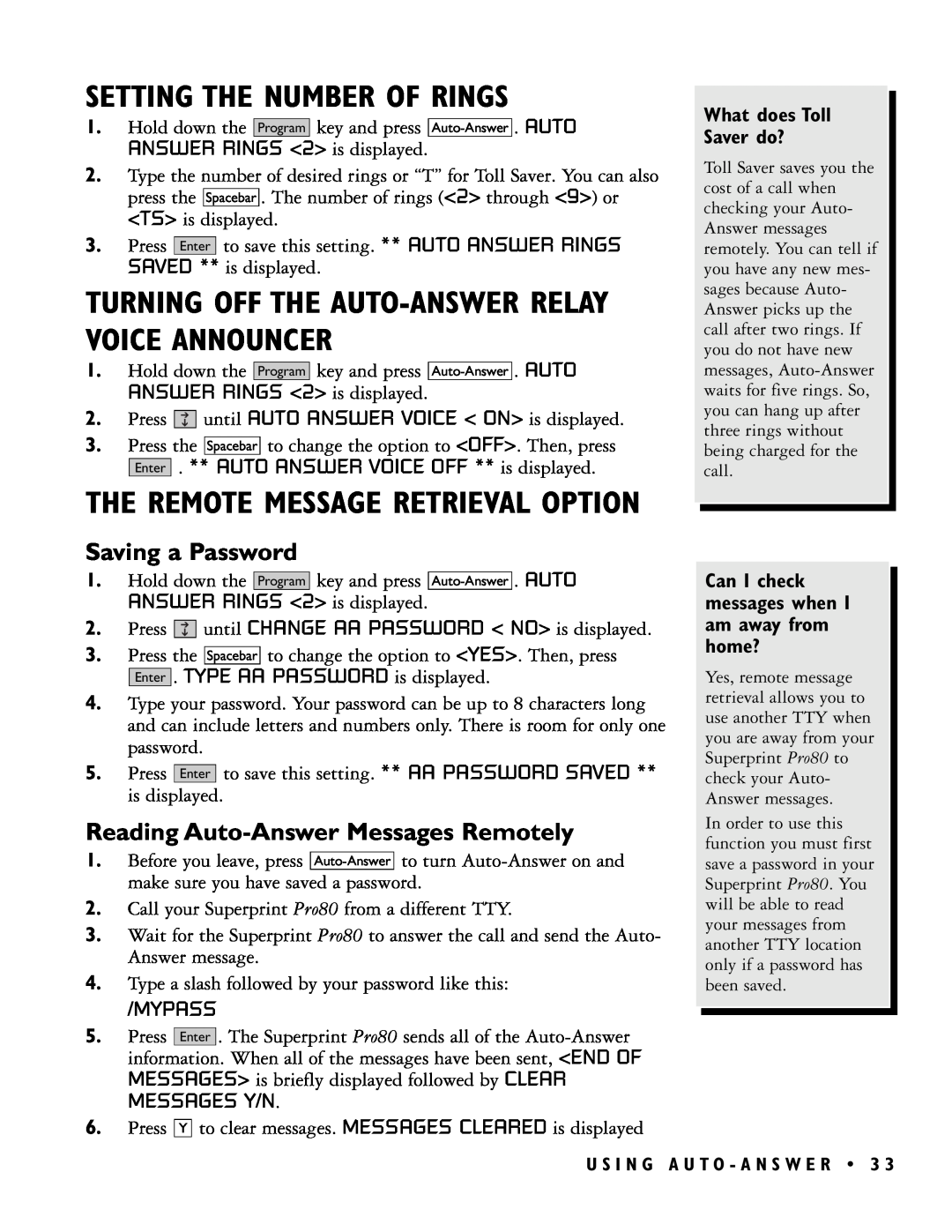 Ultratec PRO80TM manual Setting The Number Of Rings, Turning Off The Auto-Answer Relay Voice Announcer, Saving a Password 