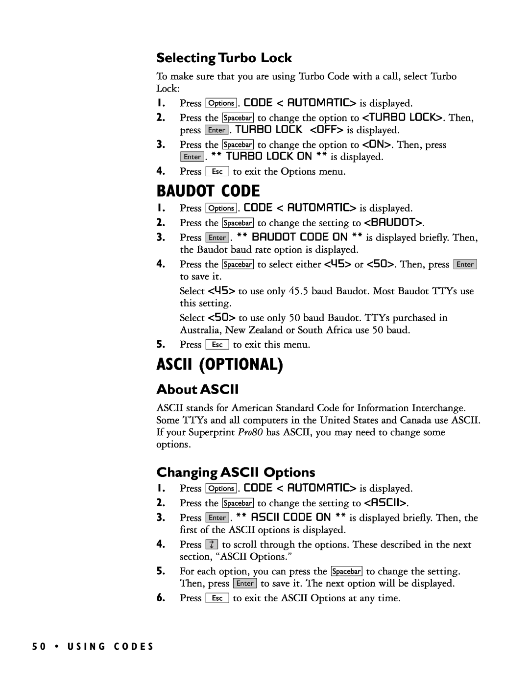 Ultratec PRO80TM manual Baudot Code, Ascii Optional, Selecting Turbo Lock, About ASCII, Changing ASCII Options 