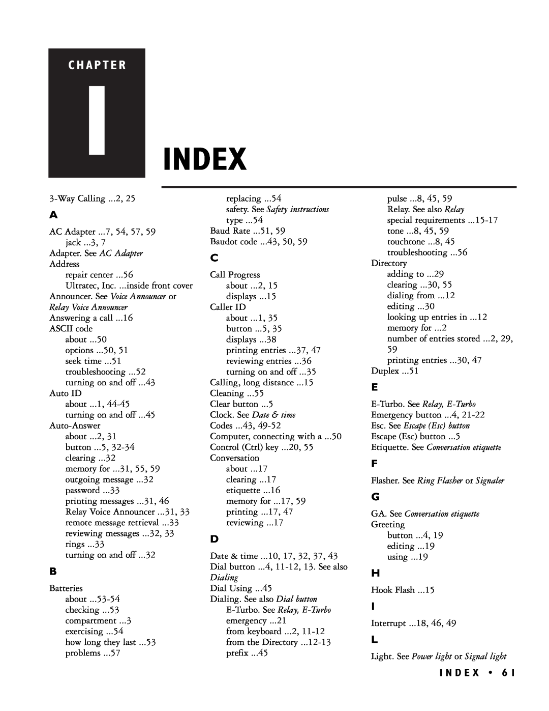 Ultratec PRO80TM manual Index, C H A P T E R, I N D E X 6 