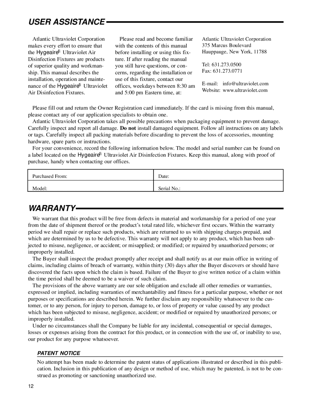 UltraViolet Devices Air Disinfection manual User Assistance, Patent Notice 